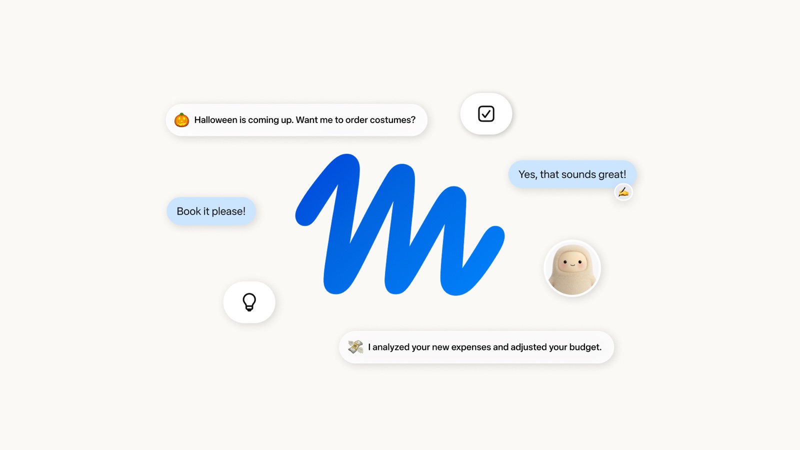 Meta's Muse key art — a blue letter M surrounded by chat bubbles reading "Halloween is coming up. Want me to order costumes?", "Book it please!" and "I analyzed your new expenses and adjusted your budget."
